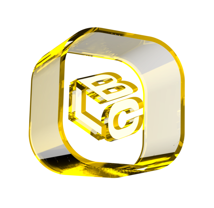 Logo do LCbank com letras B, L, C em destaque dourado translúcido.