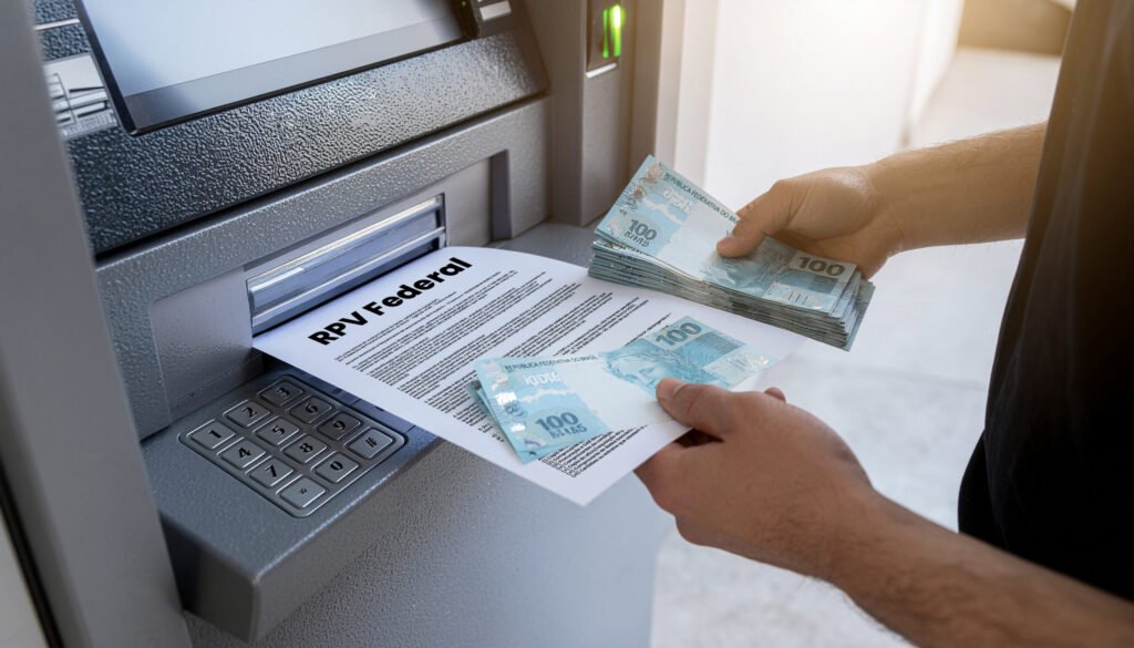 Homem com notas de R$100 e RPV Federal em caixa eletrônico