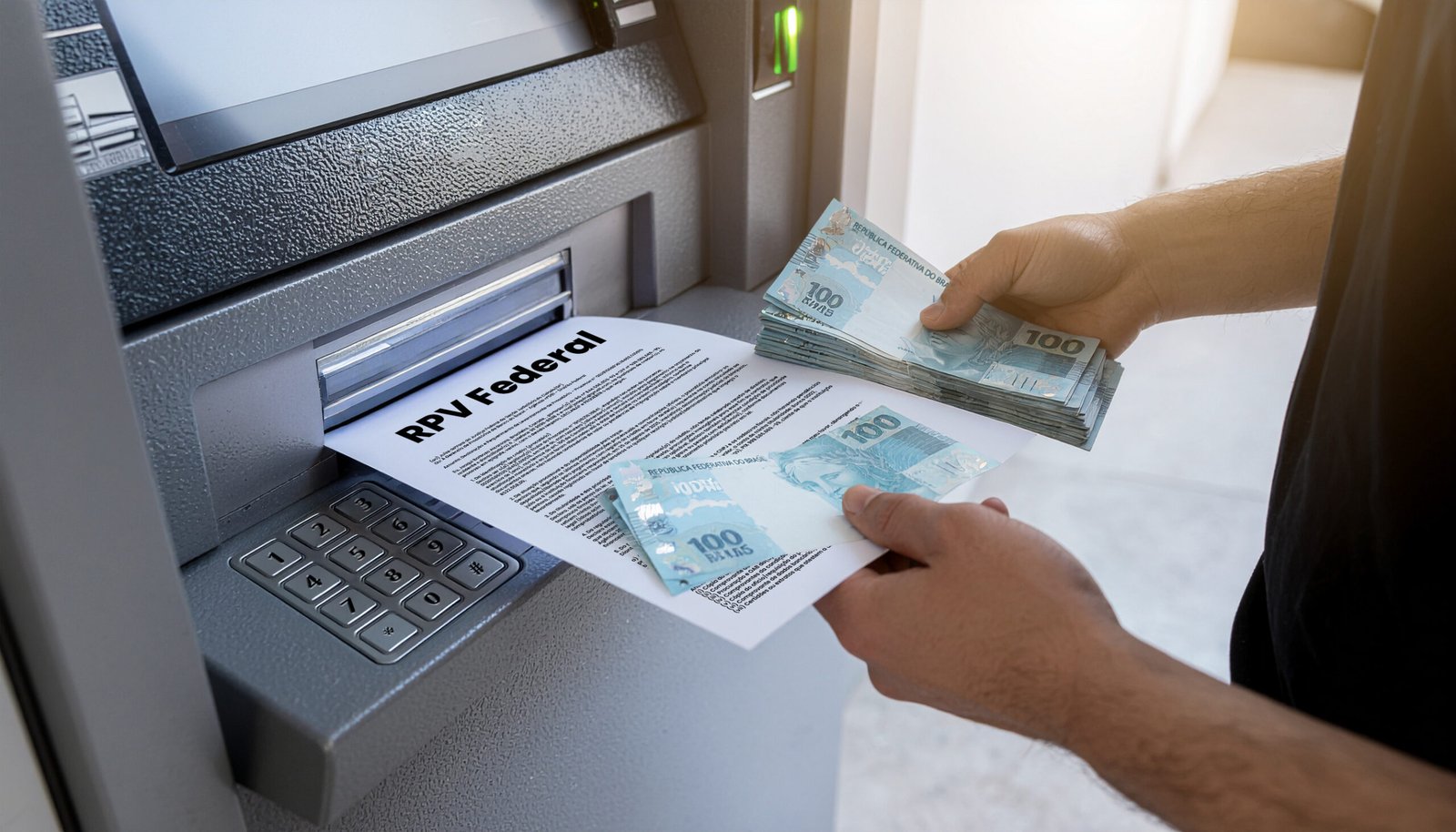 Homem com notas de R$100 e RPV Federal em caixa eletrônico