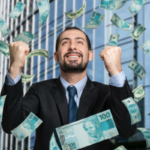 Homem feliz com dinheiro caindo, rascunho automático
