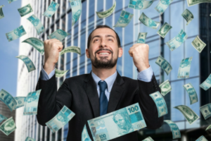 Homem feliz com dinheiro caindo, rascunho automático